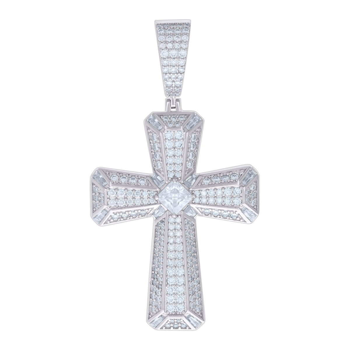 925 Sterling Silver Mens 2.68ct Round 2.28ct Baguette Moissanite Cross Religious Pendant