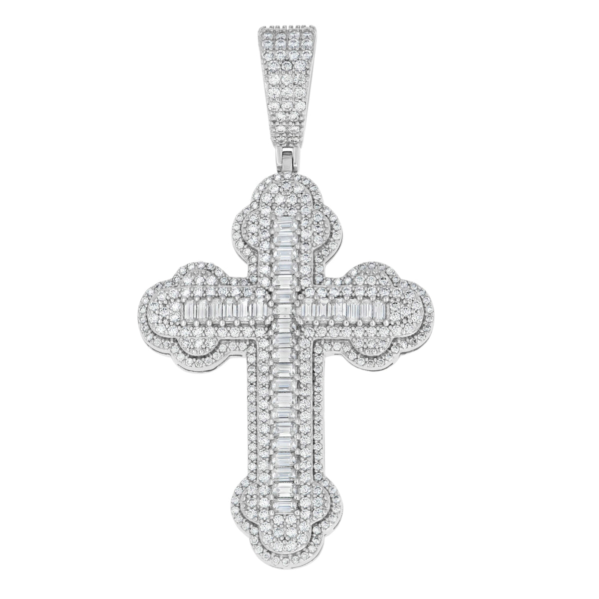 925 Sterling Silver Mens Round 2.1ct, Baguette 1.69ct Moissanite Cross Religious Pendant