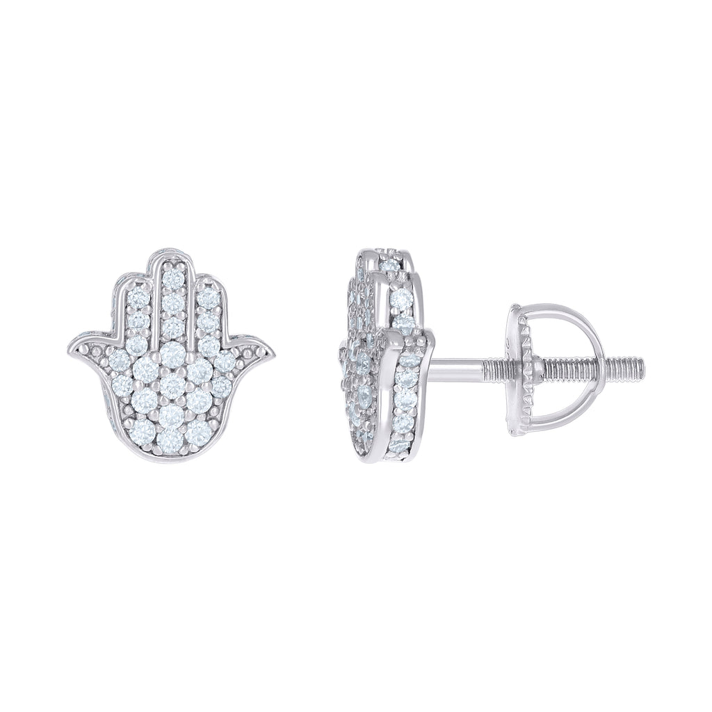 925 Sterling Silver Women Cubic-Zirconia Hamsa Symbol Religious Stud Earrings