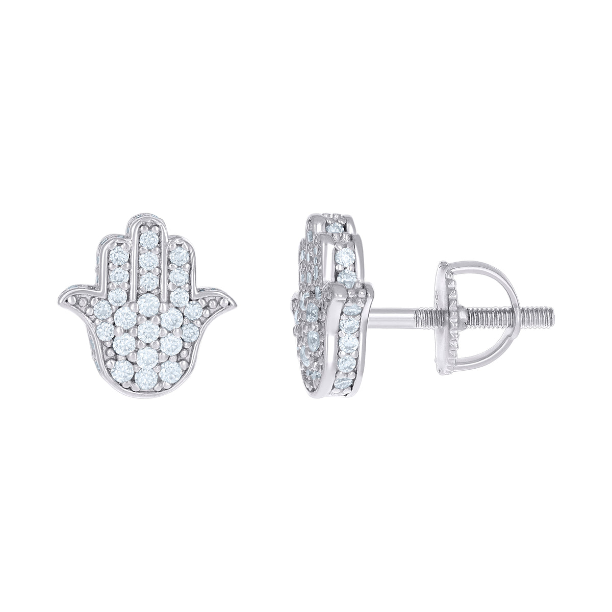925 Sterling Silver Women Cubic-Zirconia Hamsa Symbol Religious Stud Earrings