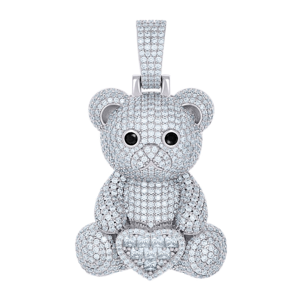 925 Sterling Silver Women Black White Cubic-Zirconia Teddy Bear Heart Charm Pendant