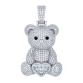 925 Sterling Silver Women Black White Cubic-Zirconia Teddy Bear Heart Charm Pendant