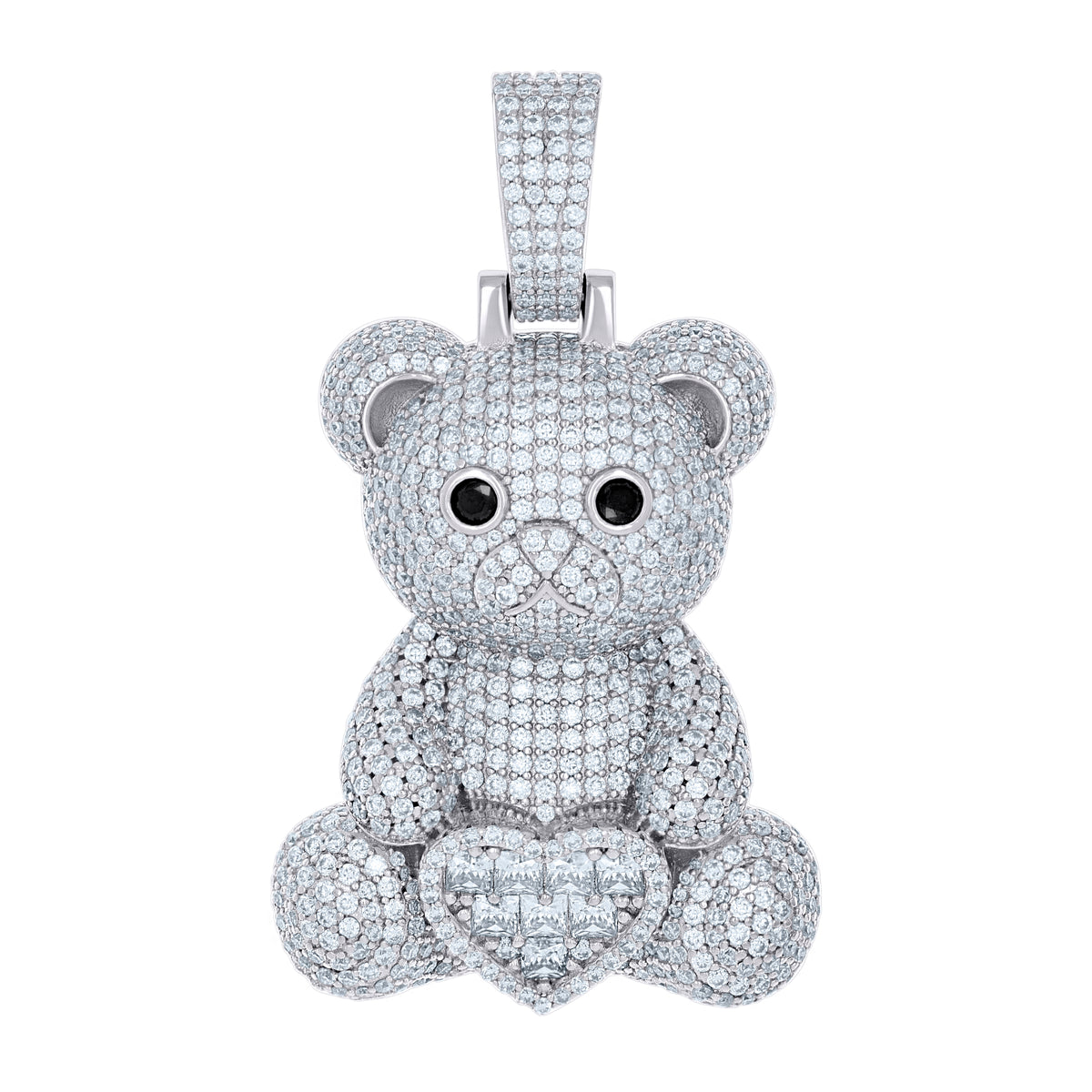 925 Sterling Silver Women Black White Cubic-Zirconia Teddy Bear Heart Charm Pendant