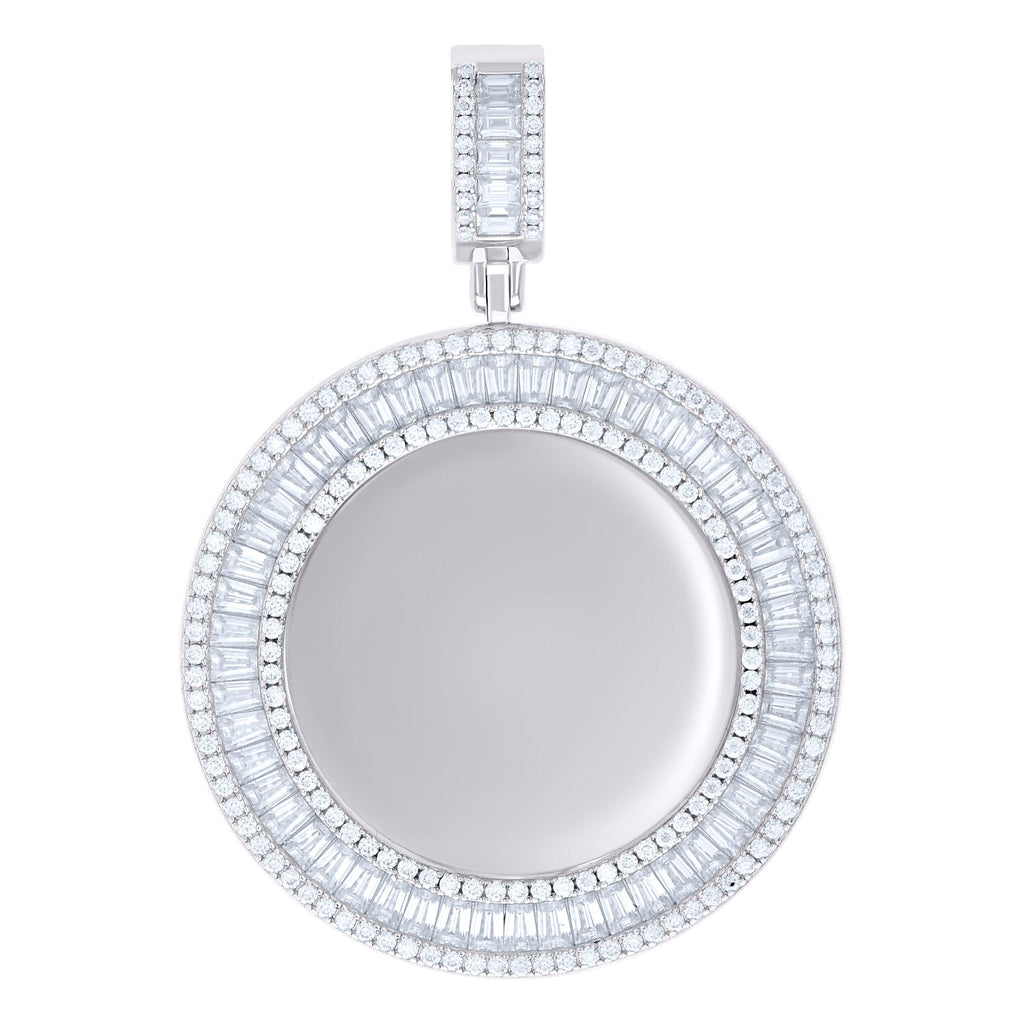 925 Sterling Silver Unisex Round Baguette Cubic-Zirconia Memory Circle Photo Frame Charm Pendant