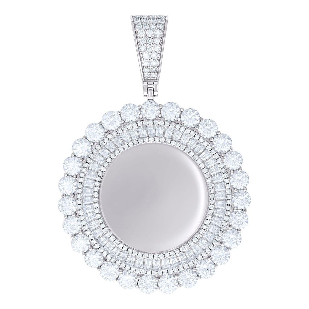 925 Sterling Silver Unisex Round Baguette Cubic-Zirconia Memory Circle Photo Frame Charm Pendant