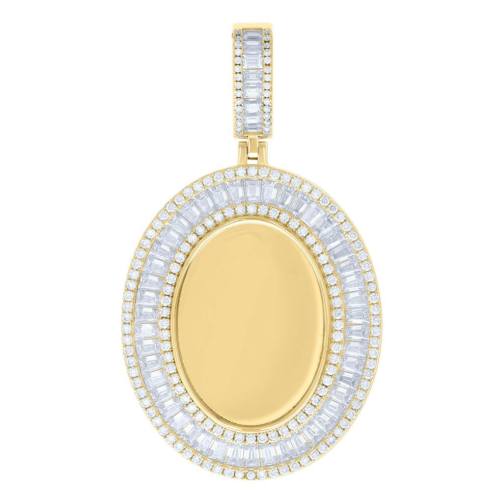 925 Sterling Silver Yellow-tone Unisex Round Baguette Cubic-Zirconia Oval Photo Frame Charm Pendant