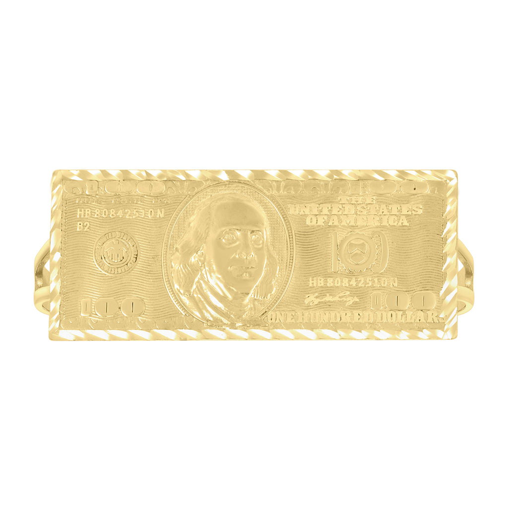 10K Yellow Gold Mens Two Finger 100 Dollar Bill Currency Ring