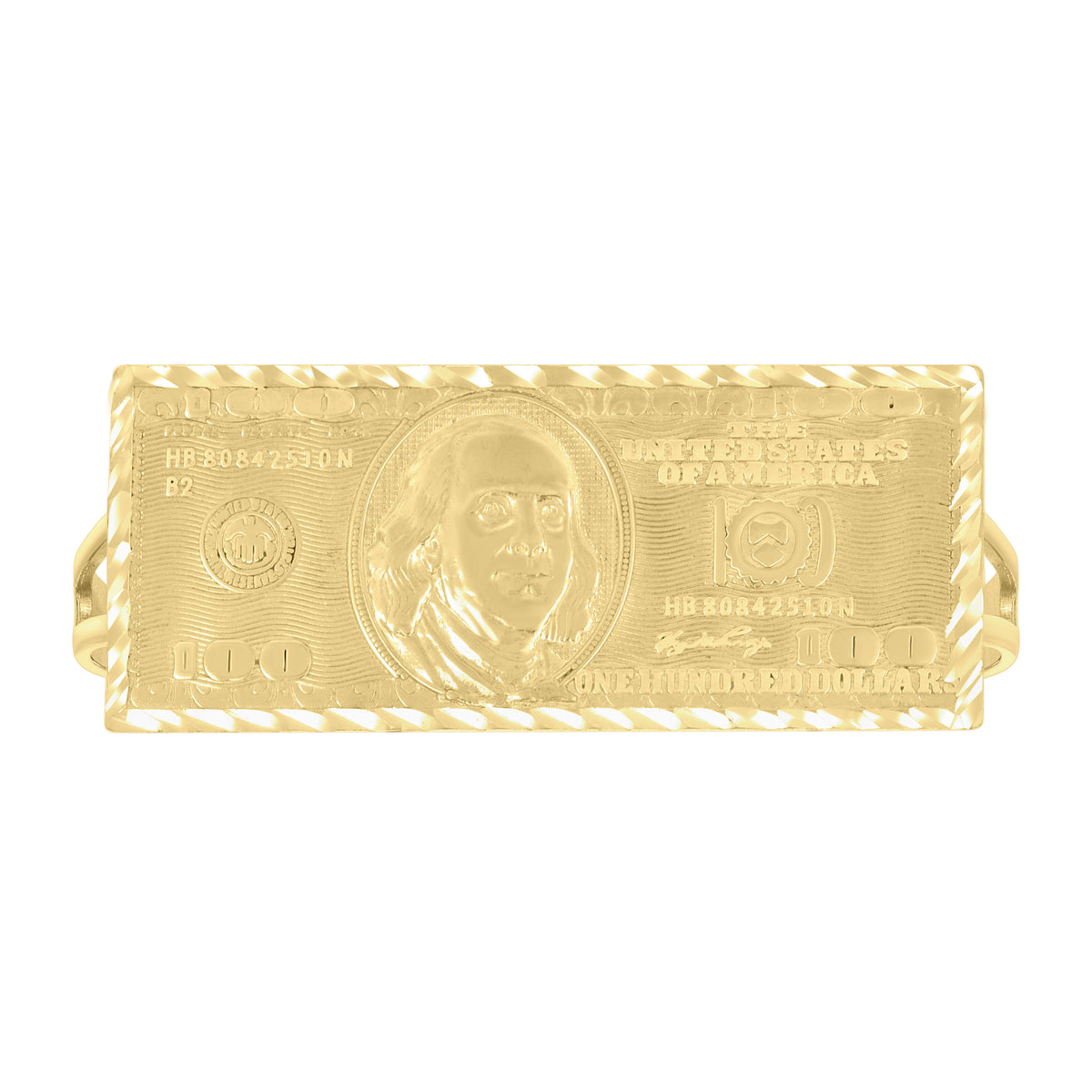 10K Yellow Gold Mens Two Finger 100 Dollar Bill Currency Ring