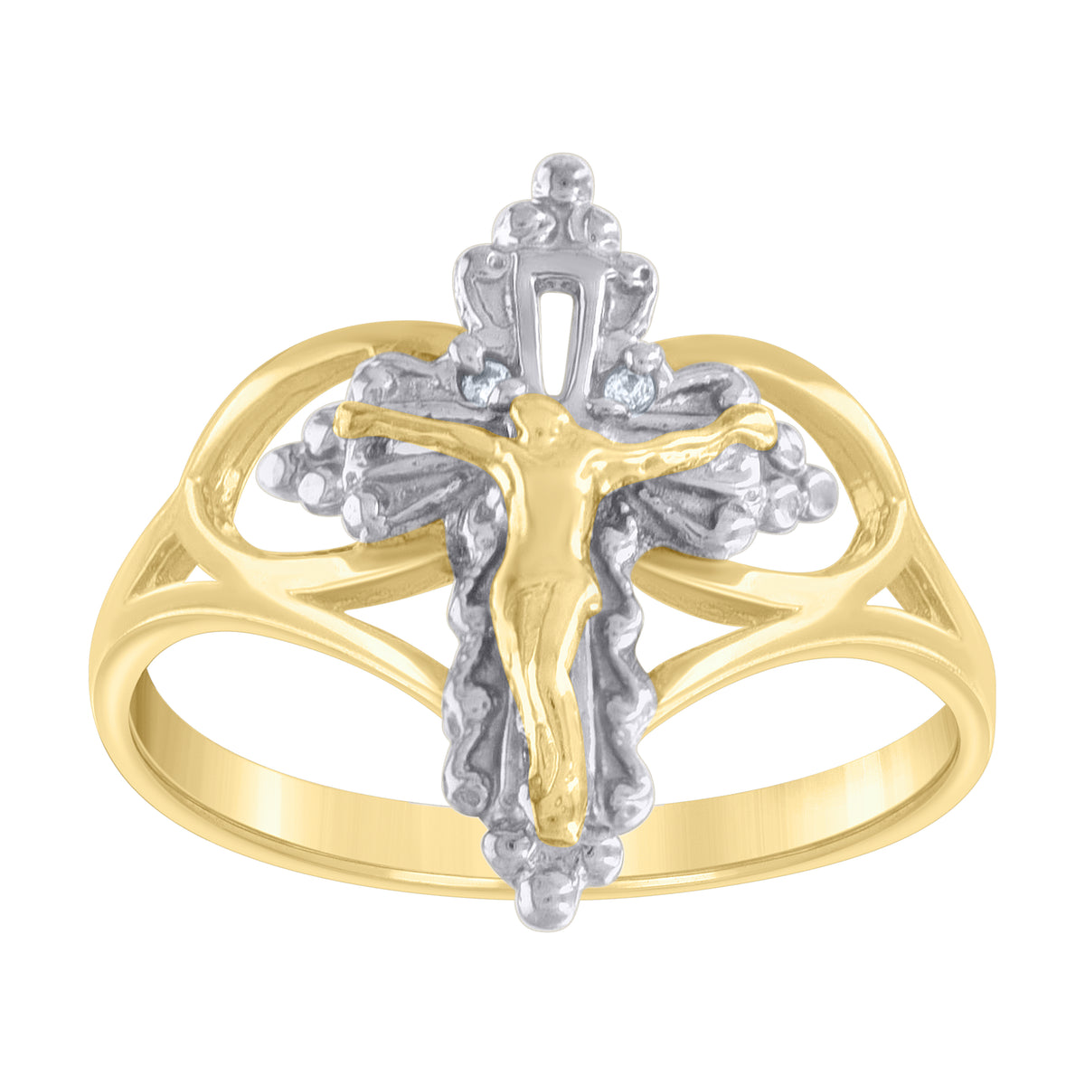 10K Two-tone Gold Womens Crucifix Cross Religious Ring