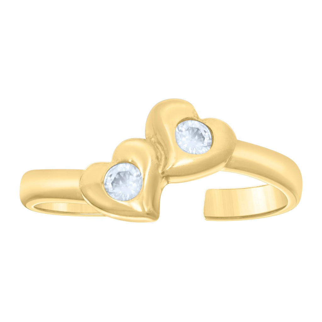 10K Yellow Gold Womens Cubic-Zirconia Double Heart Toe Ring