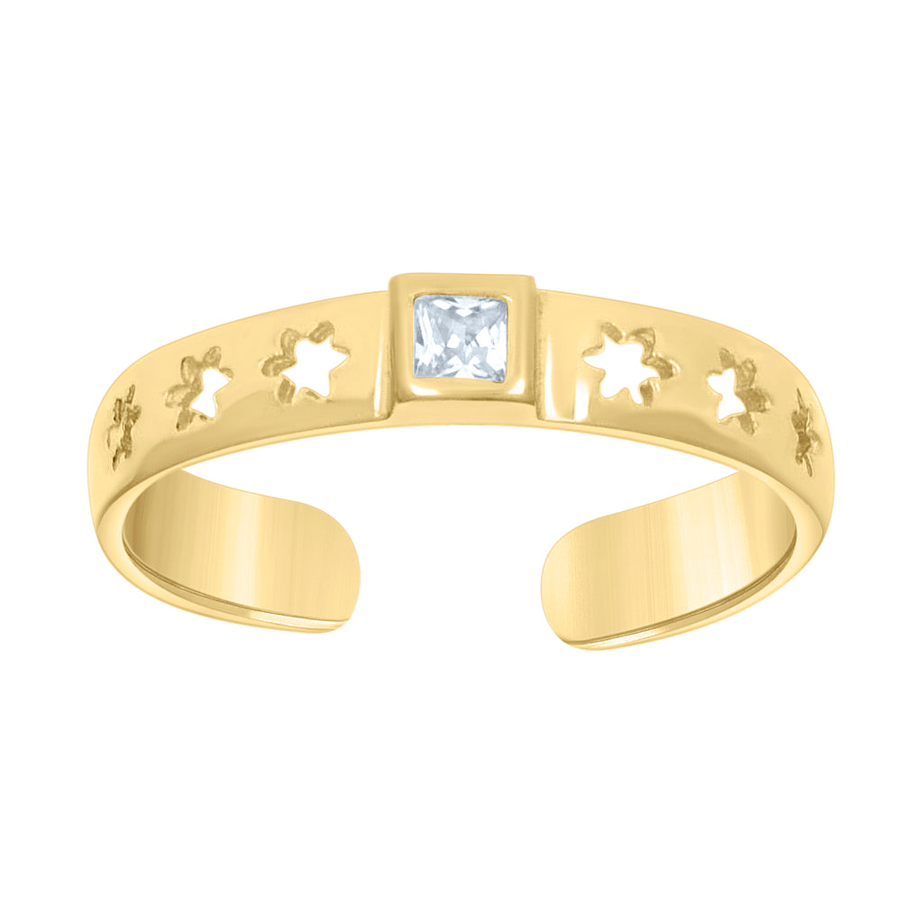 10K Yellow Gold Womens Princess-cut Cubic-Zirconia Cutout Flowers Square Head Toe Ring
