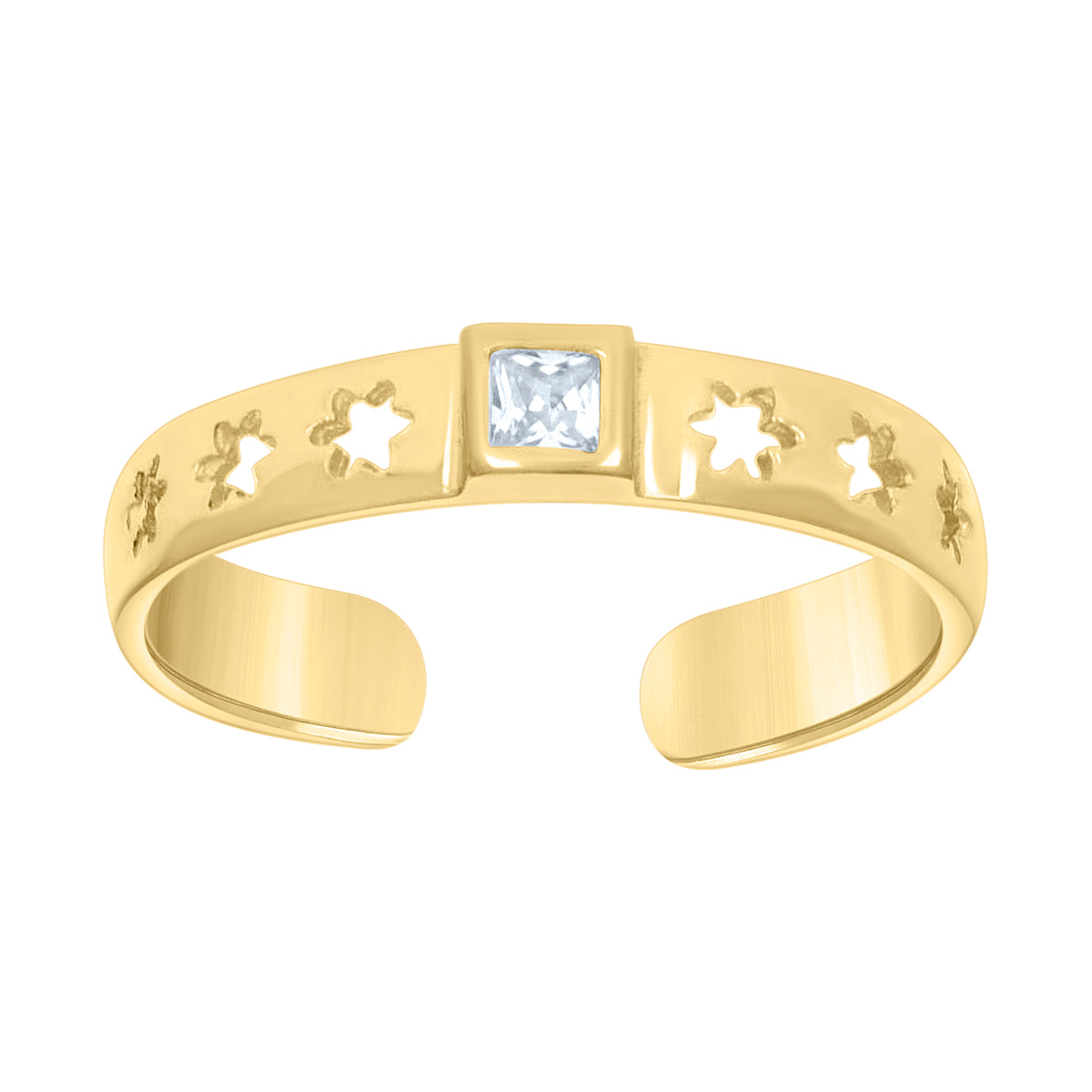 10K Yellow Gold Womens Princess-cut Cubic-Zirconia Cutout Flowers Square Head Toe Ring