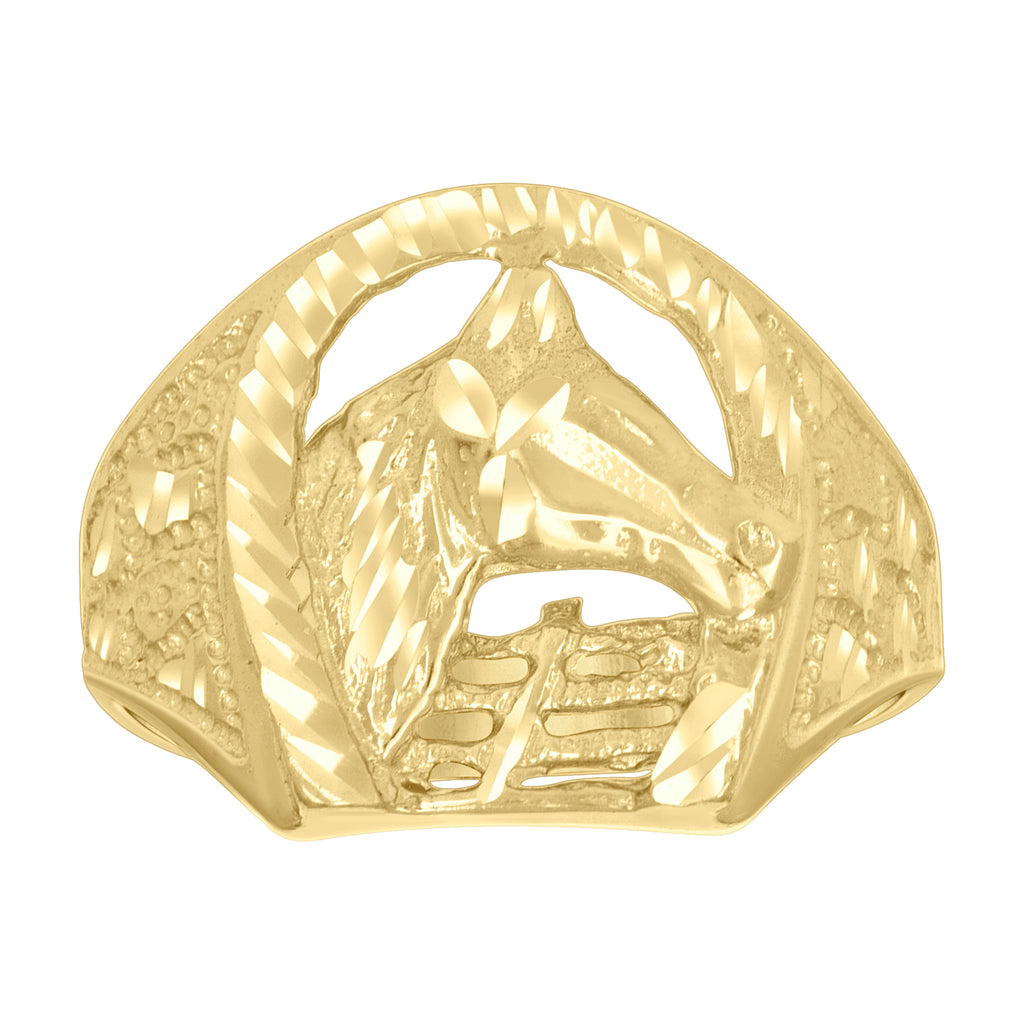 10K Yellow Gold Mens Horse Head Horseshoe Good Luck Ring