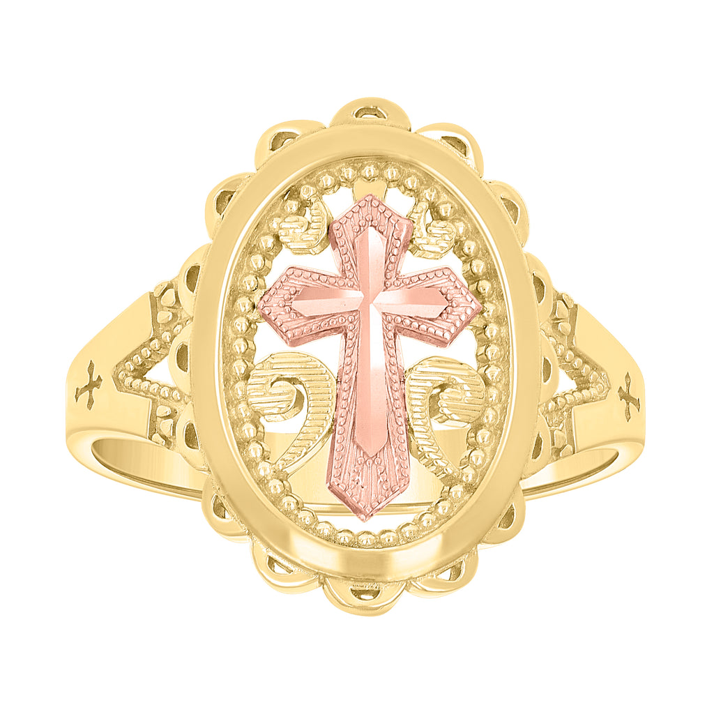 10K Two-tone Gold Womens Cross Religious Ring