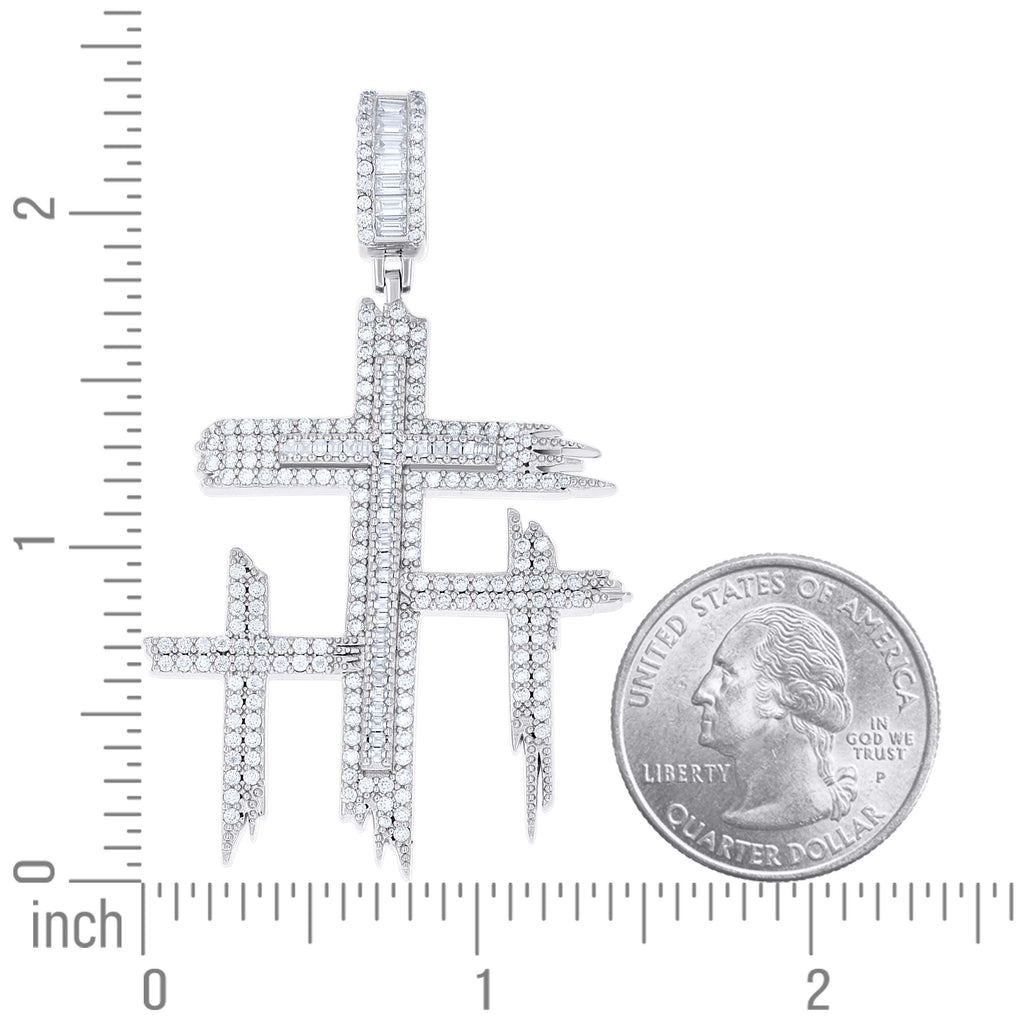 925 Sterling Silver Mens Round Baguette 1.87ct, 0.84ct Moissanite Triple Cross Religious Charm Pendant