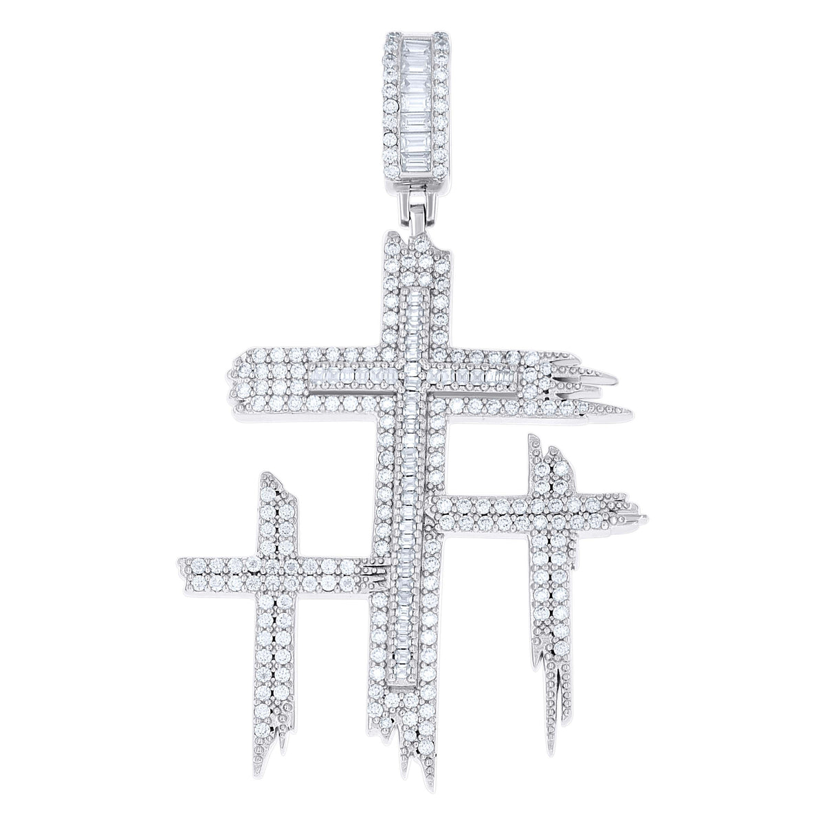 925 Sterling Silver Mens Round Baguette 1.87ct, 0.84ct Moissanite Triple Cross Religious Charm Pendant