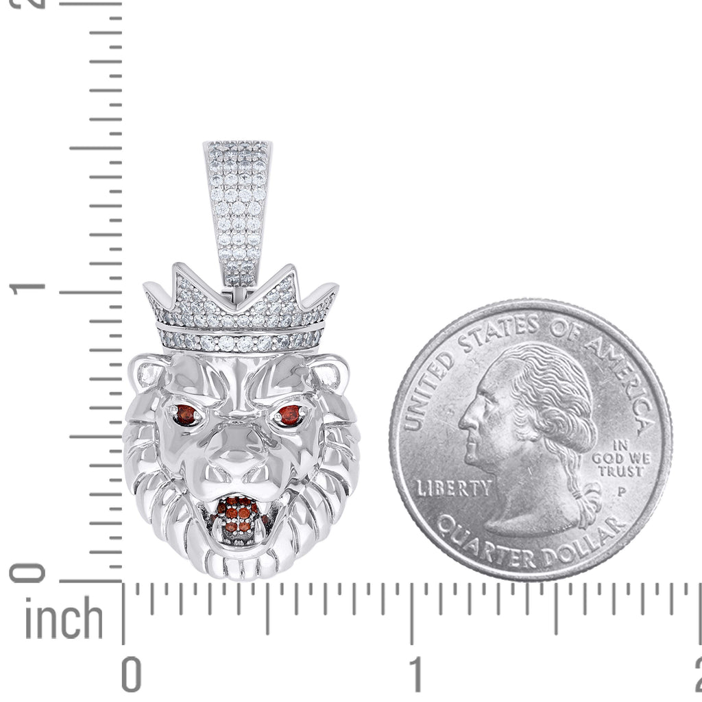 925 Sterling Silver Mens White Red 0.89ct Moissanite Leo/Lion Head Wildlife Charm Pendant