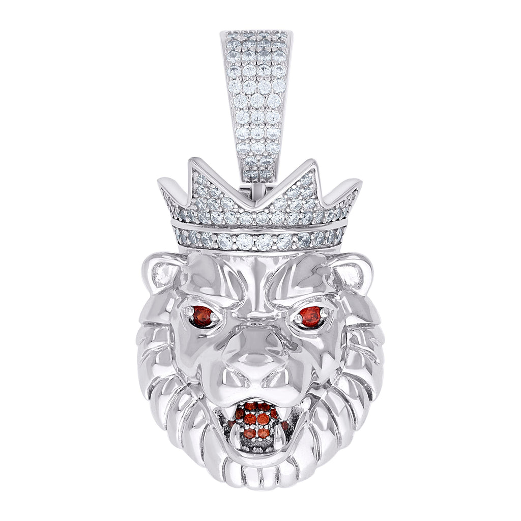 925 Sterling Silver Mens White Red 0.89ct Moissanite Leo/Lion Head Wildlife Charm Pendant