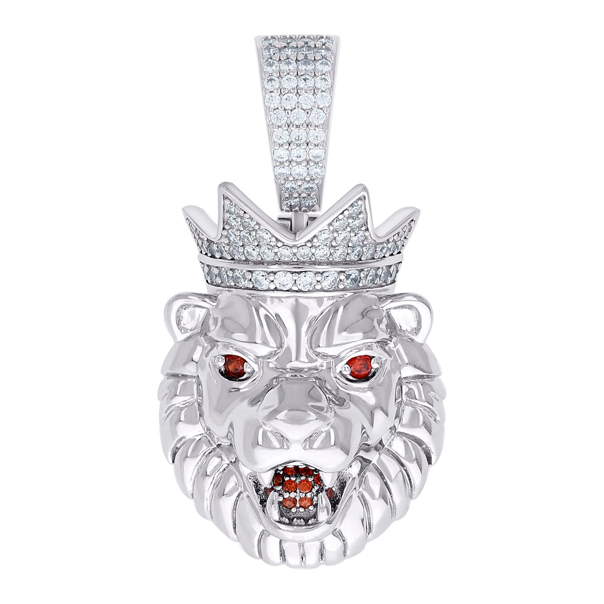 925 Sterling Silver Mens White Red 0.89ct Moissanite Leo/Lion Head Wildlife Charm Pendant