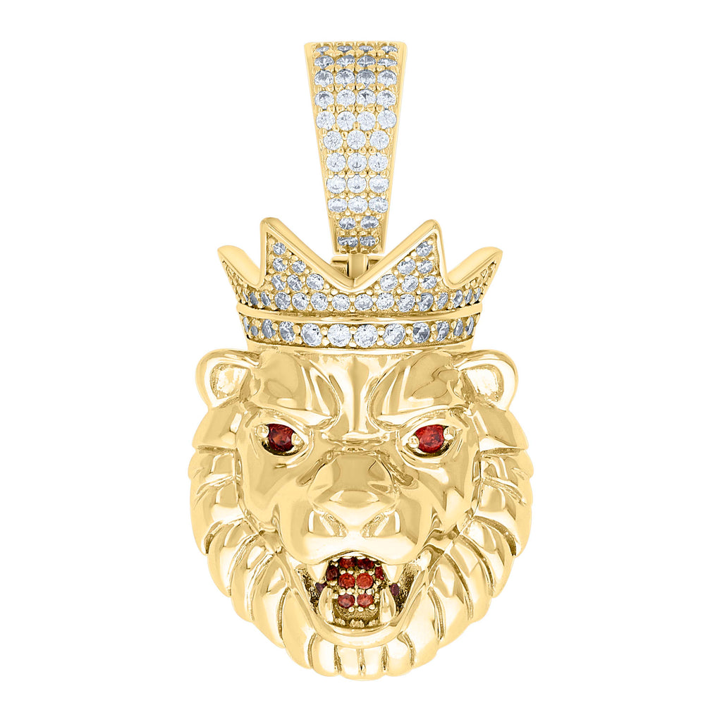 925 Sterling Silver Yellow -Tone Mens White Red 0.89ct Moissanite Leo/Lion Head Wildlife Charm Pendant