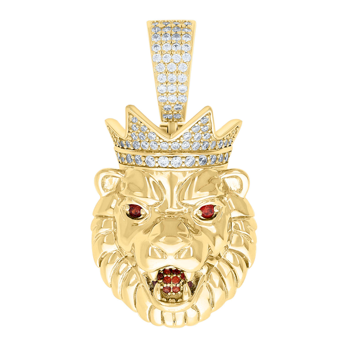 925 Sterling Silver Yellow -Tone Mens White Red 0.89ct Moissanite Leo/Lion Head Wildlife Charm Pendant