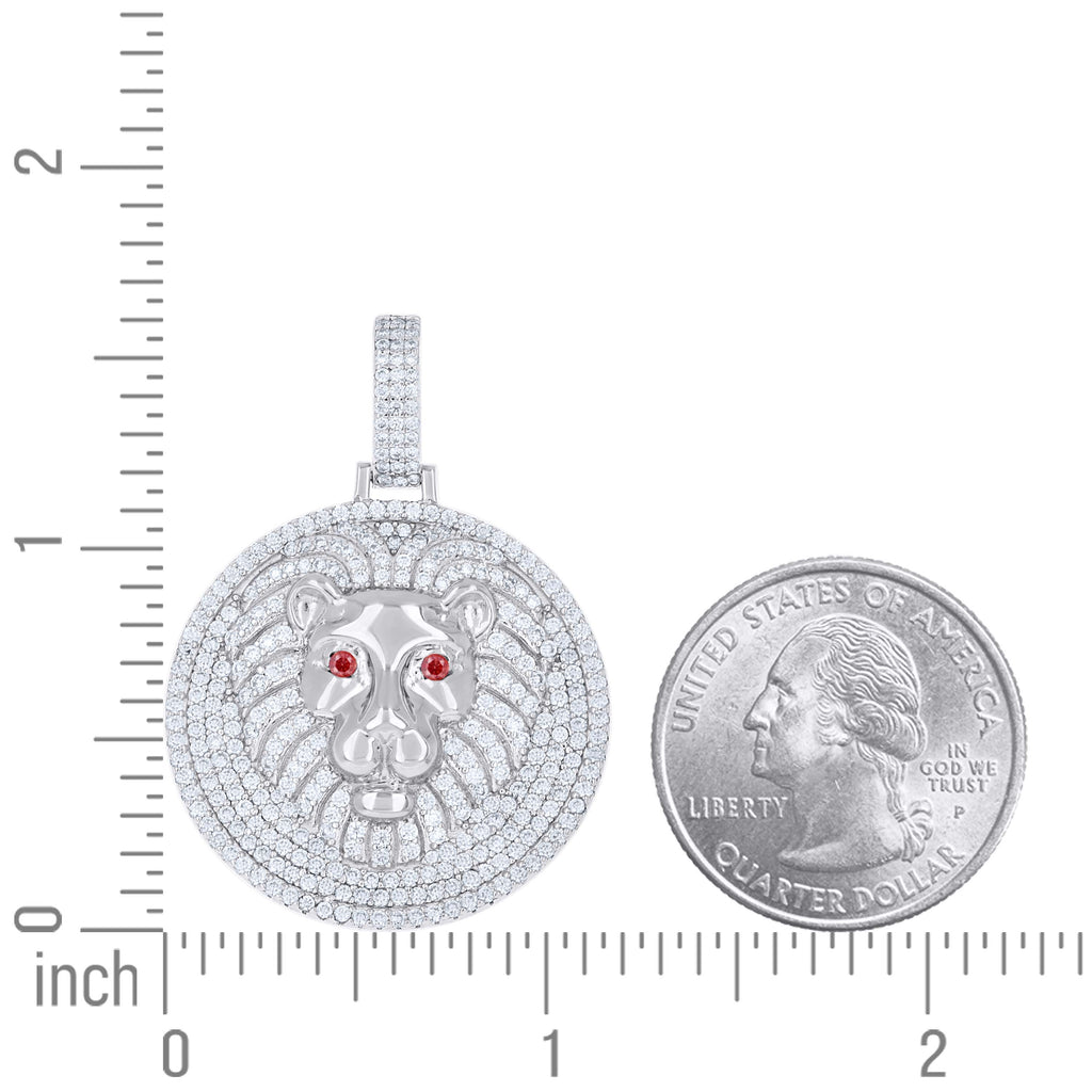 925 Sterling Silver Mens White Red 2.47ct Moissanite Leo/Lion Head Wildlife Charm Pendant