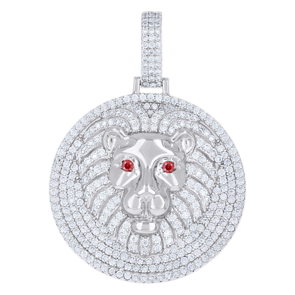 925 Sterling Silver Mens White Red 2.47ct Moissanite Leo/Lion Head Wildlife Charm Pendant