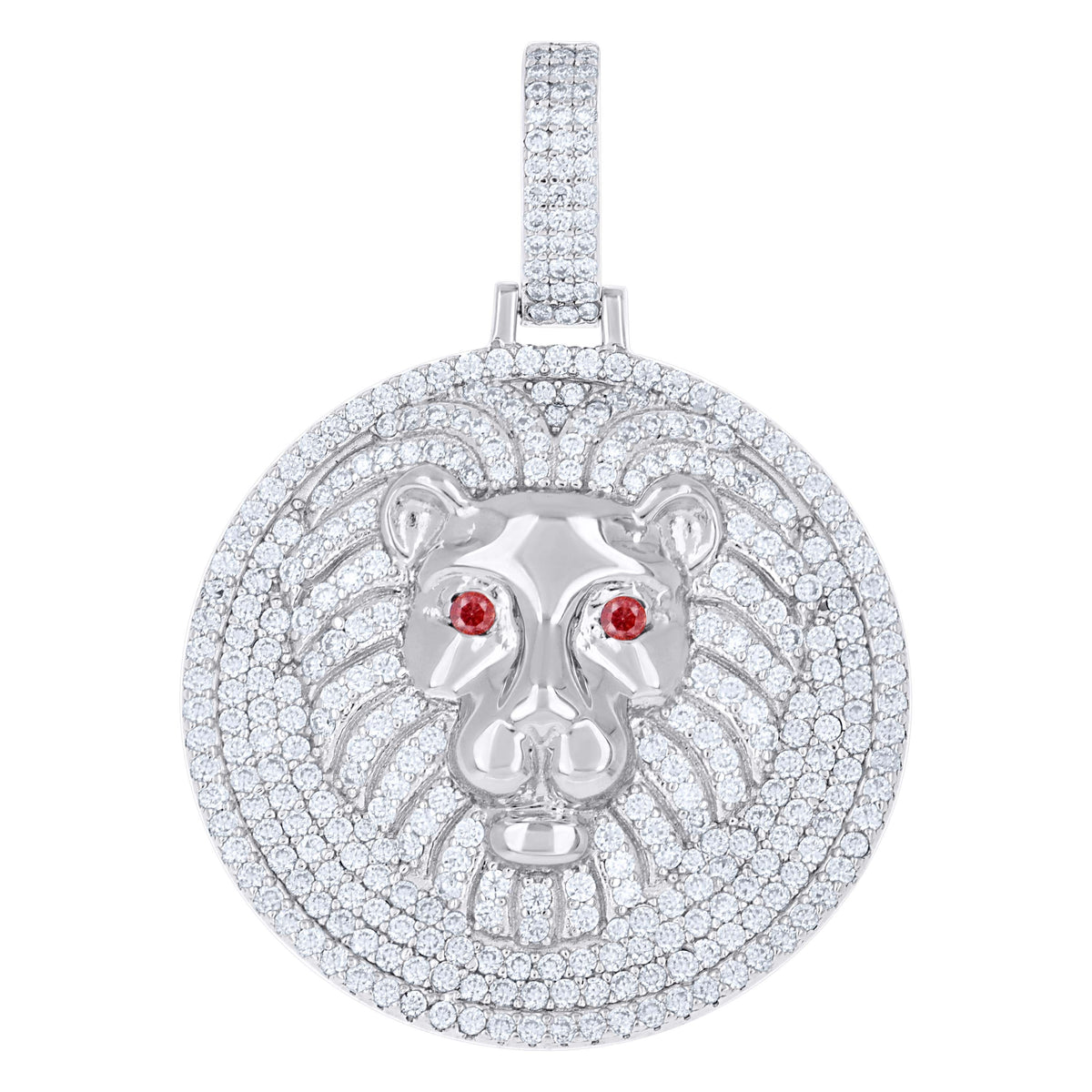 925 Sterling Silver Mens White Red 2.47ct Moissanite Leo/Lion Head Wildlife Charm Pendant