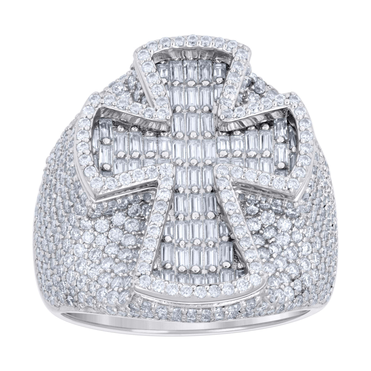 925 Sterling Silver Mens Baguette Round 3.36ct, 1.66ct Moissanite Cross Religious Ring