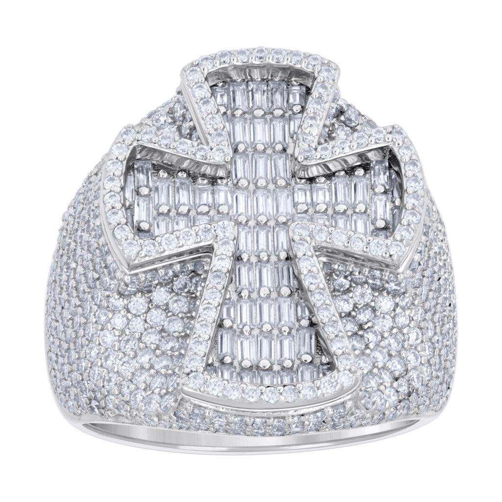 925 Sterling Silver Mens Baguette Round 3.36ct, 1.66ct Moissanite Cross Religious Ring S10