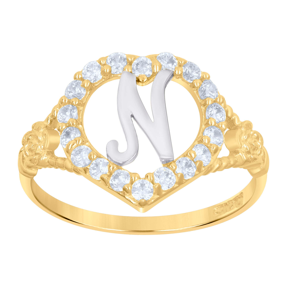 10K Two-Tone Gold Womens Cubic Zirconia Polished Finish Heart Shape Letter N Initial Ring