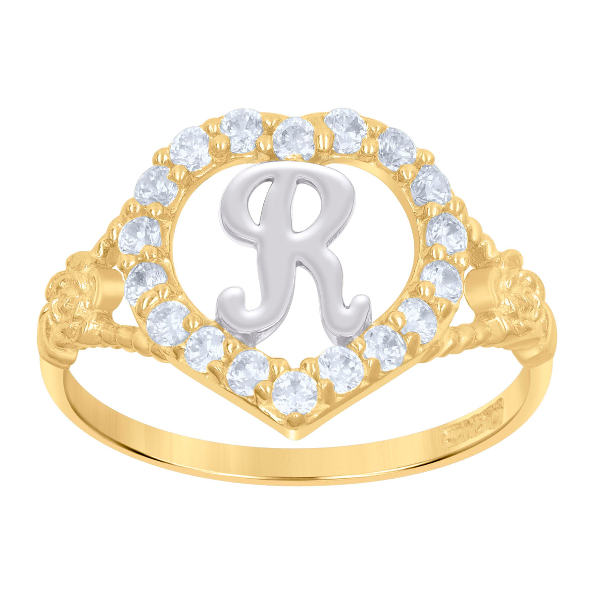 10K Two-Tone Gold Womens Cubic Zirconia Polished Finish Heart Shape Letter R Initial Ring