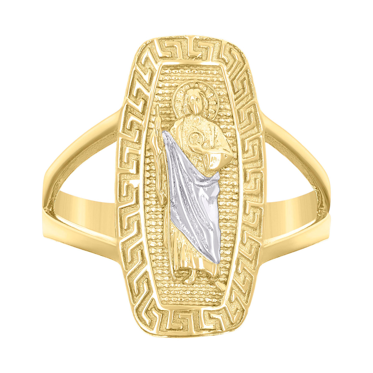 10K Two-tone Gold Womens St. Jude Religious Greek Key Patterned Ring