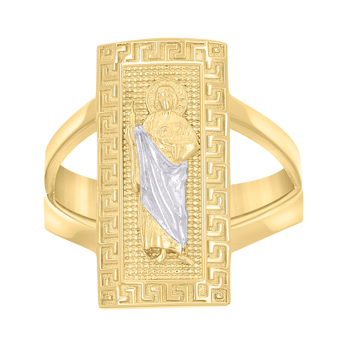10K Two-tone Gold Womens St. Jude Religious Greek Key Ring