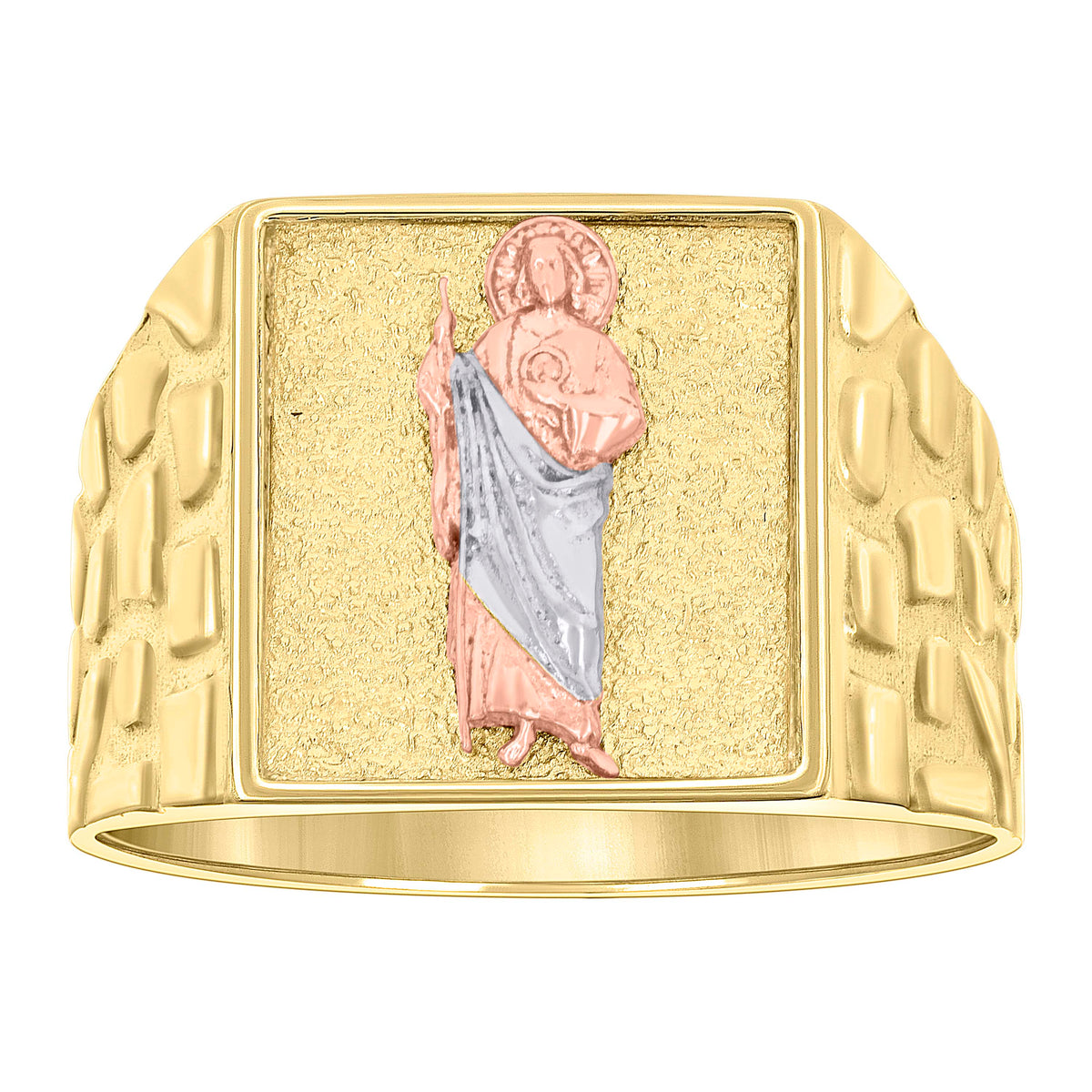 10K Tri-Color Gold Mens St. Jude Religious Square Head Nugget Ring