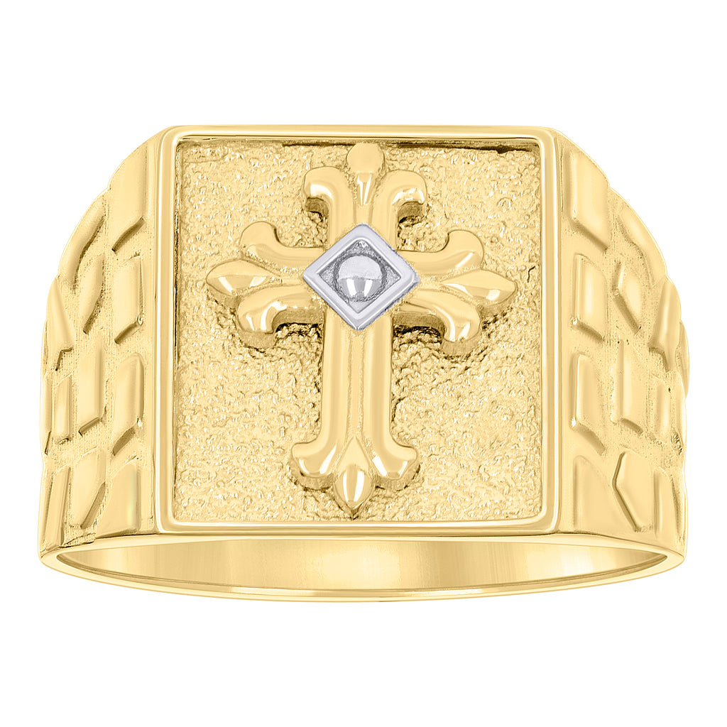 10K Two-tone Gold Mens Cross Religious Square Head Nugget Ring