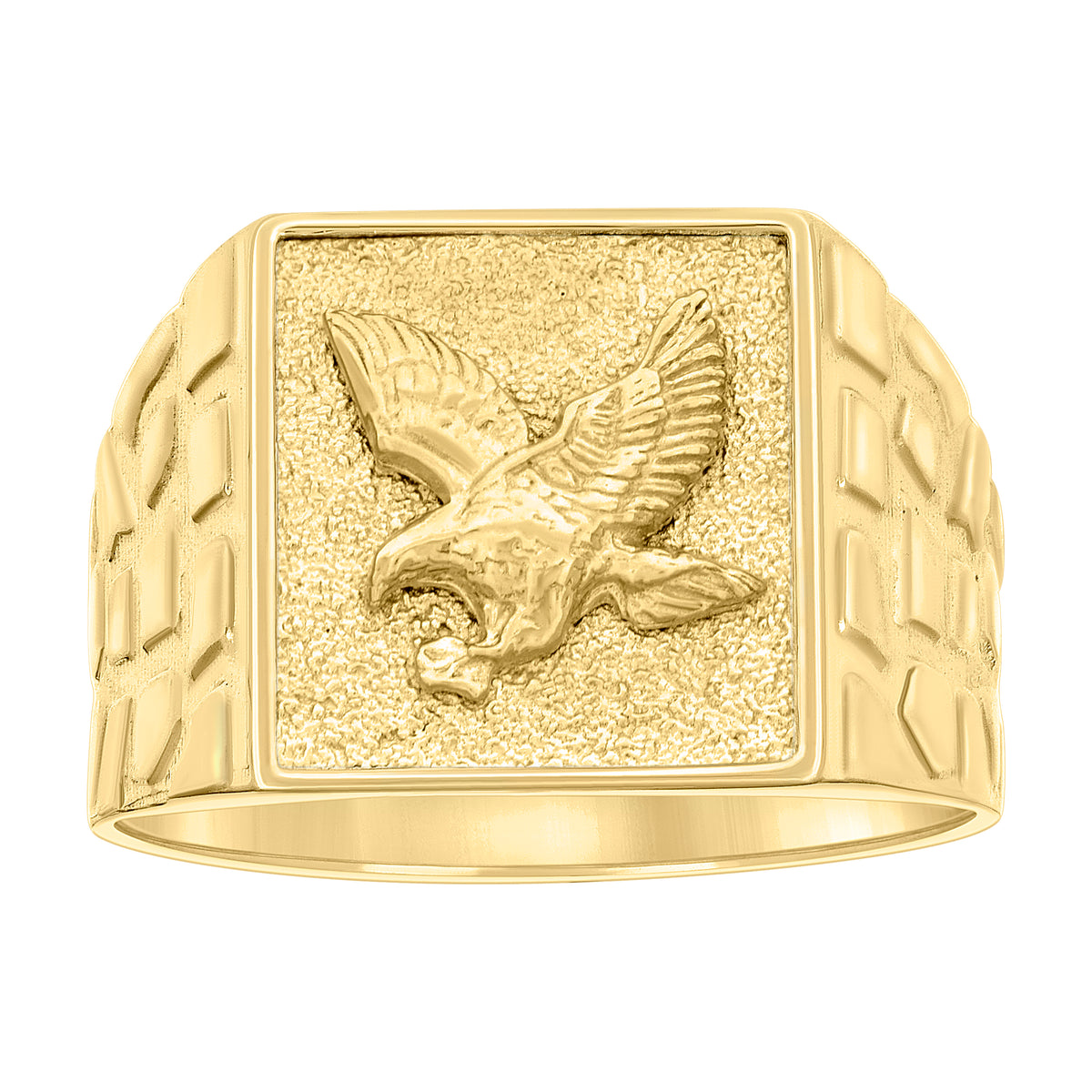 10K Yellow Gold Mens Eagle Bird Wildlife Square Head Nugget Ring