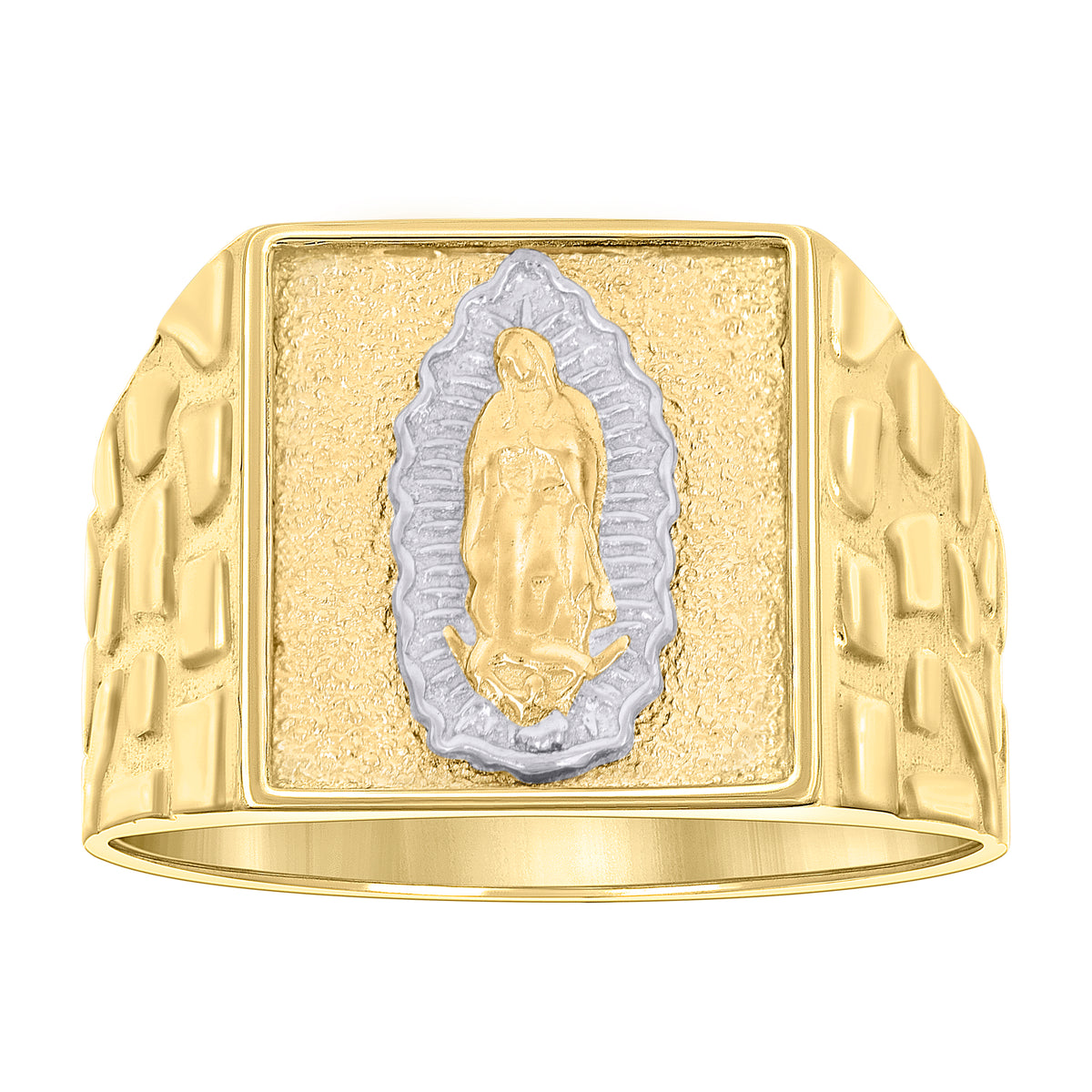10K Two-tone Gold Mens Square Head Guadalupe Religious Nugget Ring