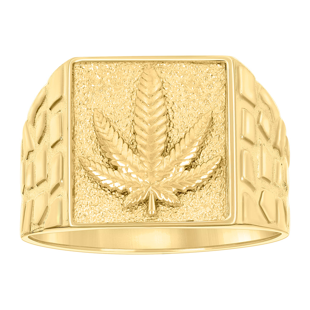 10K Yellow Gold Mens Square Head Marijuana Leaf Fashion Nugget Ring
