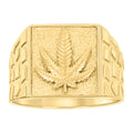 10K Yellow Gold Mens Square Head Marijuana Leaf Fashion Nugget Ring