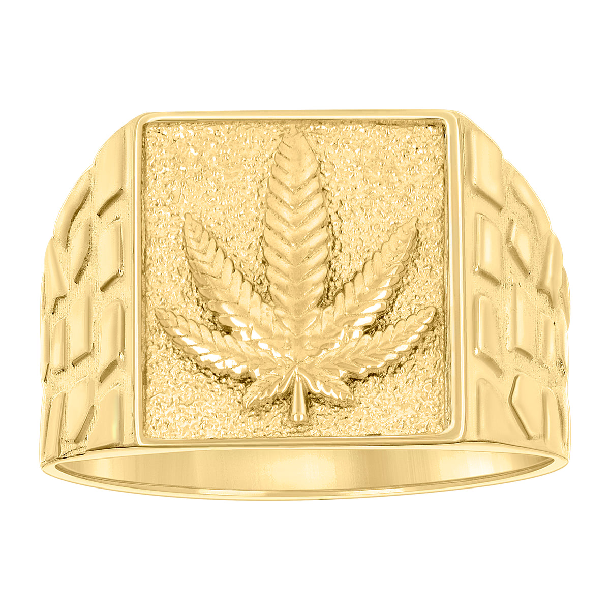 10K Yellow Gold Mens Square Head Marijuana Leaf Fashion Nugget Ring