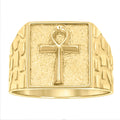 10K Yellow Gold Mens Egyptian Ankh Cross Religious Square Head Nugget Ring