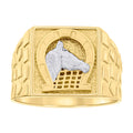 10K Two-tone Gold Mens Horse Head Horseshoe Good Luck Square Head Nugget Ring