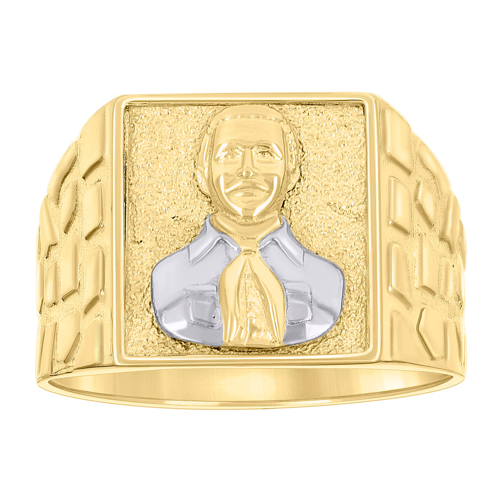 10K Two-tone Gold Mens St. Jes�s Malverde Religious Square Head Nugget Ring