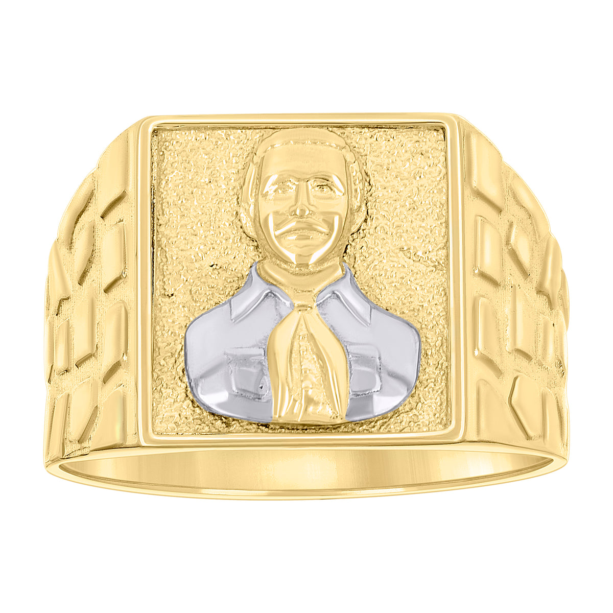 10K Two-tone Gold Mens St. Jes�s Malverde Religious Square Head Nugget Ring