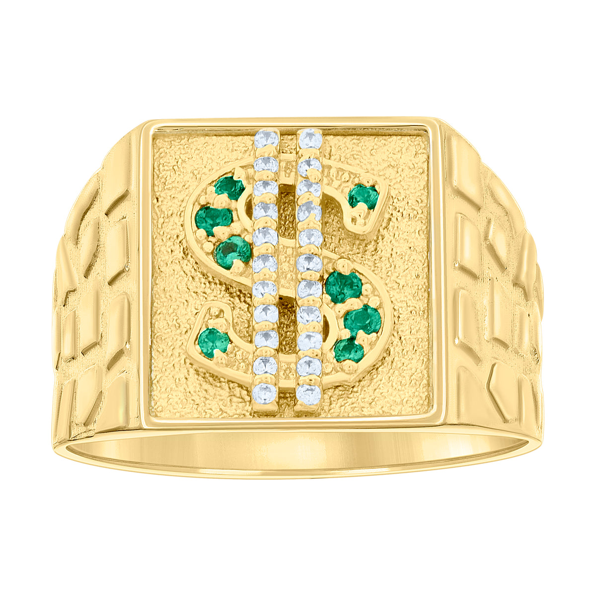 10K Yellow Gold Mens Green White Cubic-Zirconia Square Head Dollar Sign Currency Nugget Ring