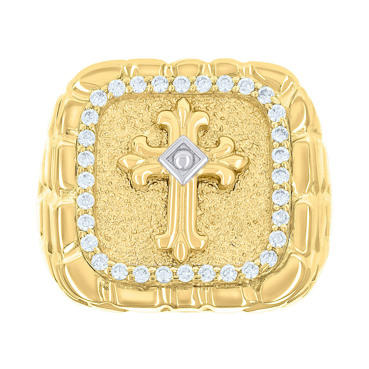 10K Two-tone Gold Mens Cubic-Zirconia Cross Religious Square Head Nugget Ring