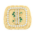 10K Yellow Gold Mens Green White Cubic-Zirconia Square Head Dollar Sign Currency Nugget Ring