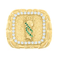 10K Yellow Gold Mens Green White Cubic-Zirconia St. Jude Religious Square Head Nugget Ring
