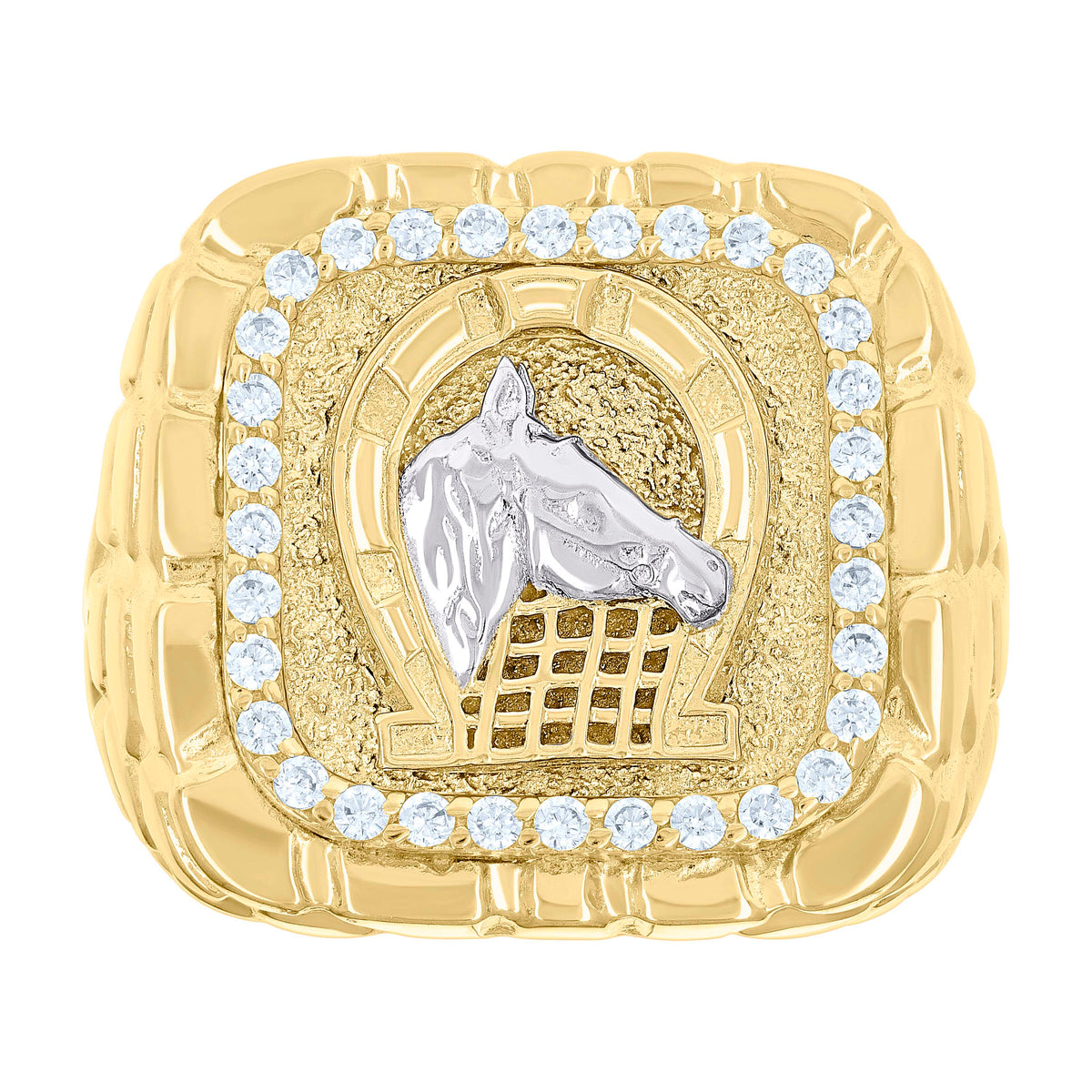10K Two-tone Gold Mens Cubic-Zirconia Horse Head Horseshoe Good Luck Square Head Nugget Ring